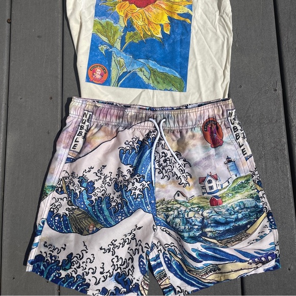 Great Wave Off Nubble Lighthouse Swim Trunks - Hokusai Inspired New England Art - Picture 3 of 13